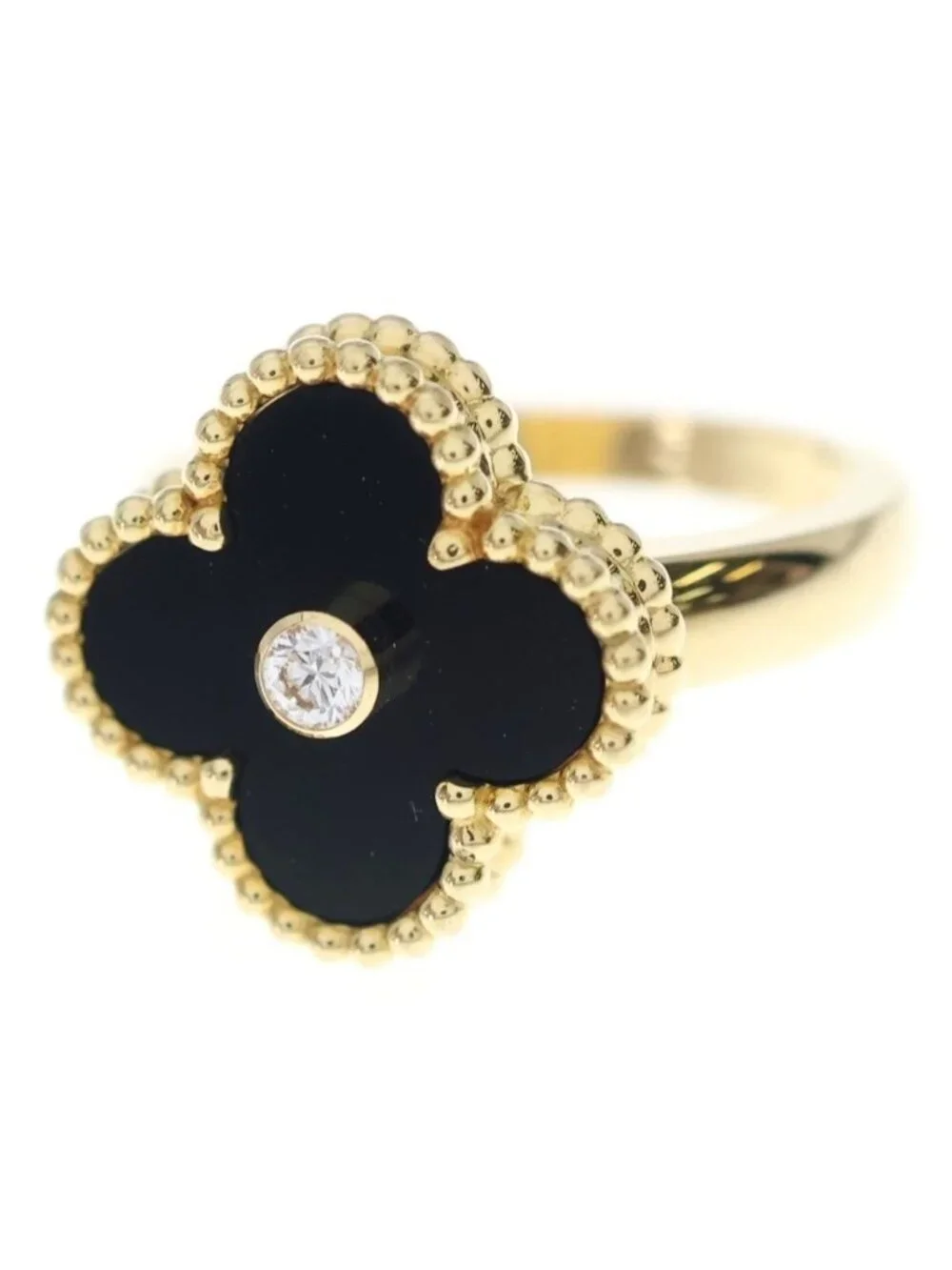Van Cleef & Arpels Vintage Alhambra Onyx Diamond Ring Yellow Gold Black